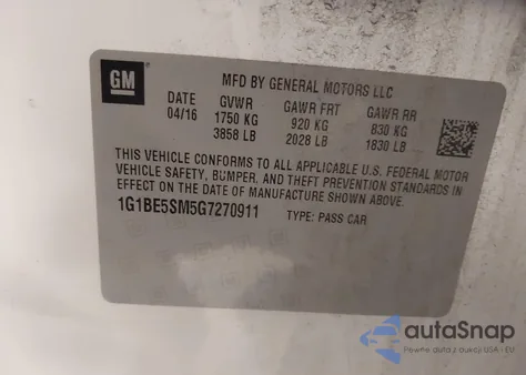 2016 Chevrolet Cruze Lt Auto из США, поврежденный, VIN 1G1BE5SM5G7270911